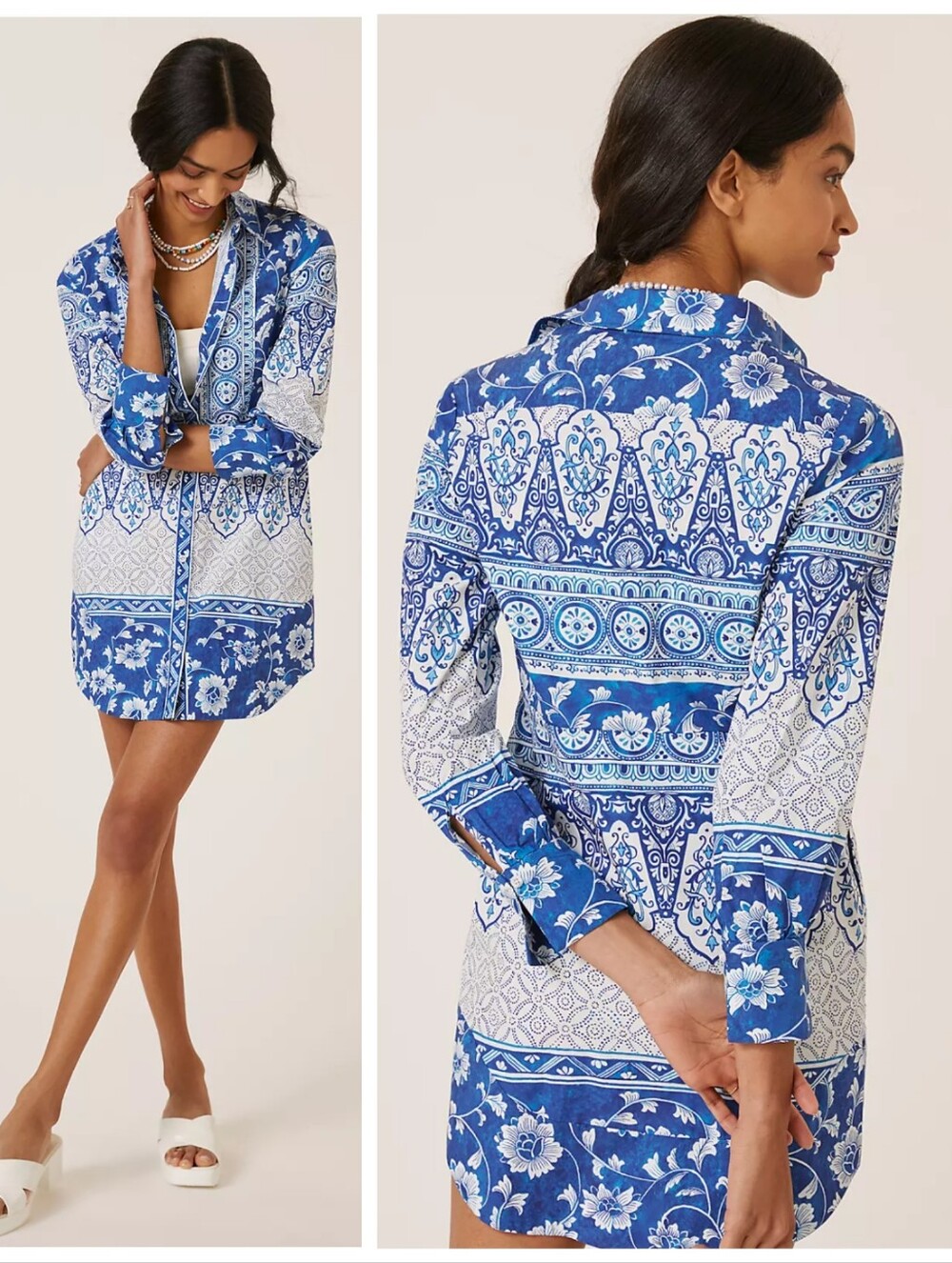 Anthropologie Blue and White Mediterranean Printed Shirt Dress Women's Small